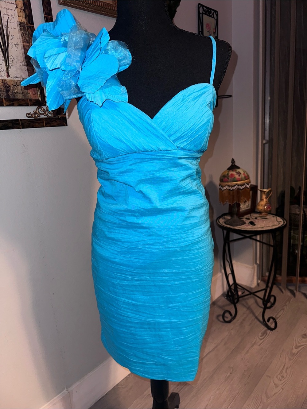 Vintage Y2K Morgan & Co. Blue Sheath Ruched Sweetheart Floral Strappy Dress, 5/6